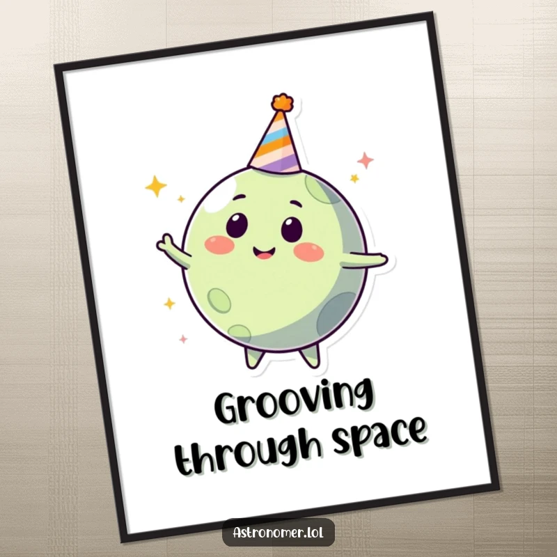 Funny happy planet wearing a party hat, spinning joyfully, humorous wall art for party lovers.