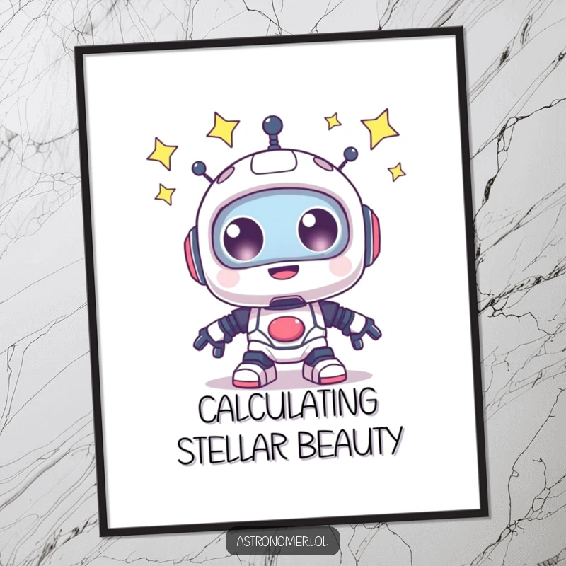 Funny Poster: A happy robot with wide, sparkling eyes is captivated by the beauty of a star-filled sky.
