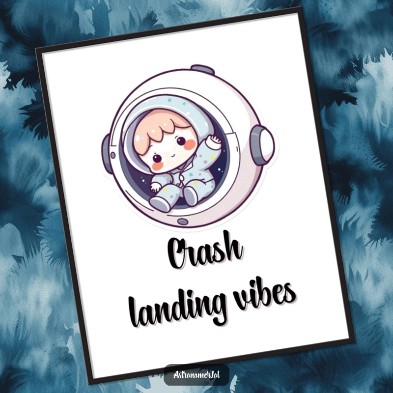Funny spaceship mishap poster featuring a character in pajamas tumbling out of a hatch, a humorous wall decor gift.