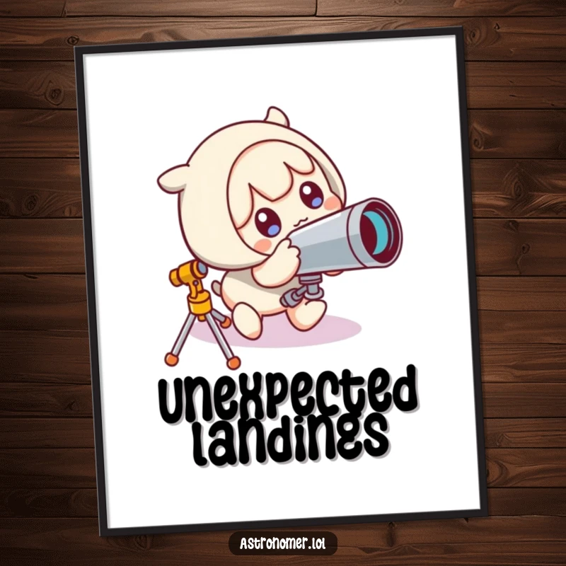 Funny Poster: Cute character looks comically surprised after tripping over a telescope, capturing a moment of unexpected astronomical humor.