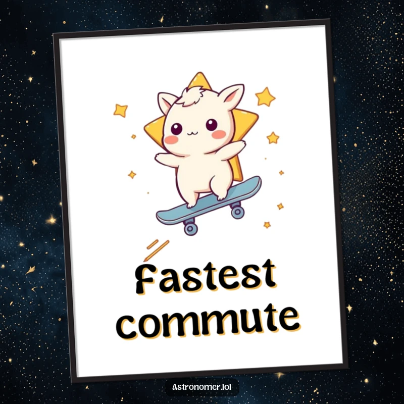 Funny poster illustrating a whimsical creature skateboarding down a shooting star, capturing dynamic motion and humor.