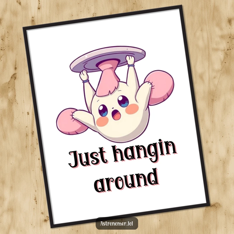 Funny poster print of a surprised creature floating upside down and dazed in zero gravity, bringing a humorous, disoriented feel.