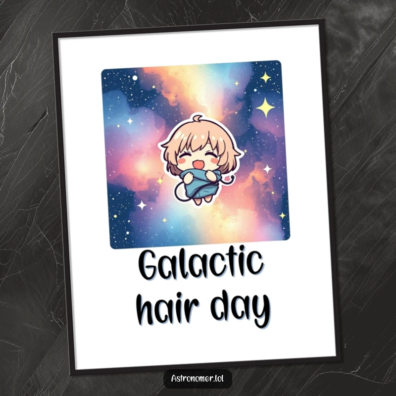 Funny poster art of a character comically tangled in a vibrant, swirling starry nebula, depicted with a joyful, giggling expression.