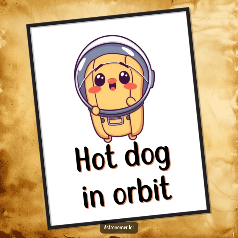Funny surprised hot dog wearing a tiny astronaut helmet, humorous space art print, quirky wall decor for kitchens.