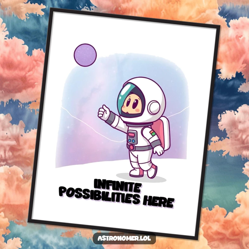 Funny poster of a cartoon astronaut excitedly pointing at a distant, awe-inspiring galaxy, creating a sense of wonder.
