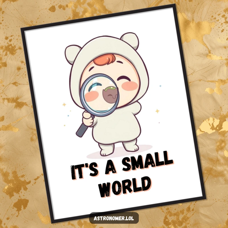 Funny poster of a delighted character holding a magnifying glass to a tiny planet, illustrating a humorous and curious approach to science and exploration.