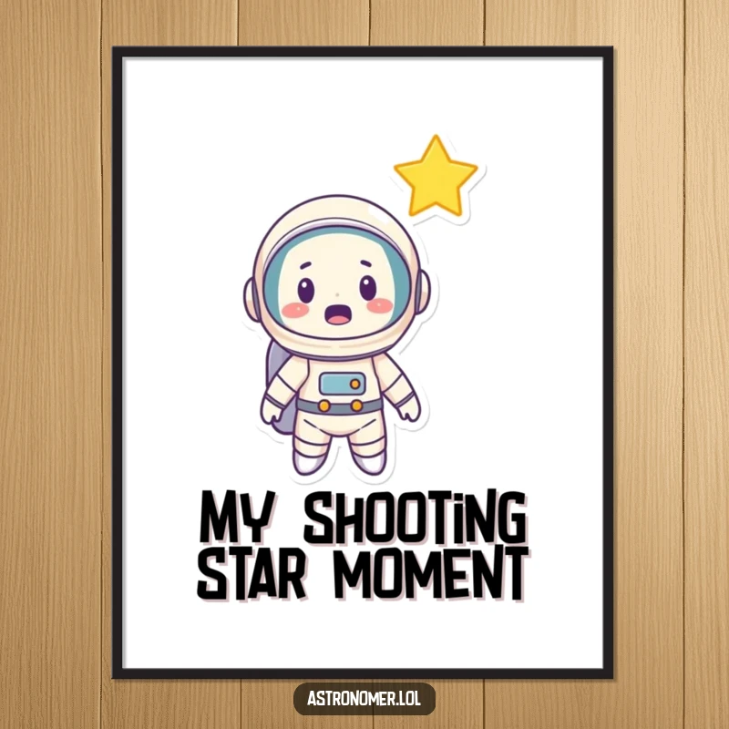 Funny Astronaut Poster: A cartoon astronaut with a comically surprised expression watching a bright shooting star streak across the sky.