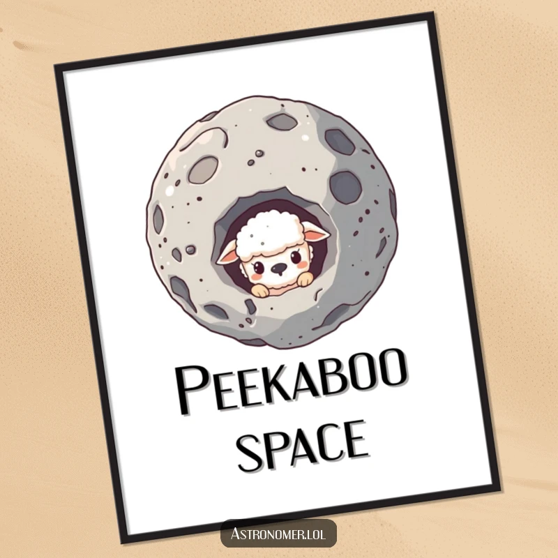 Funny poster depicting a sheepish creature peeking from behind a large asteroid, adding a touch of shy humor.