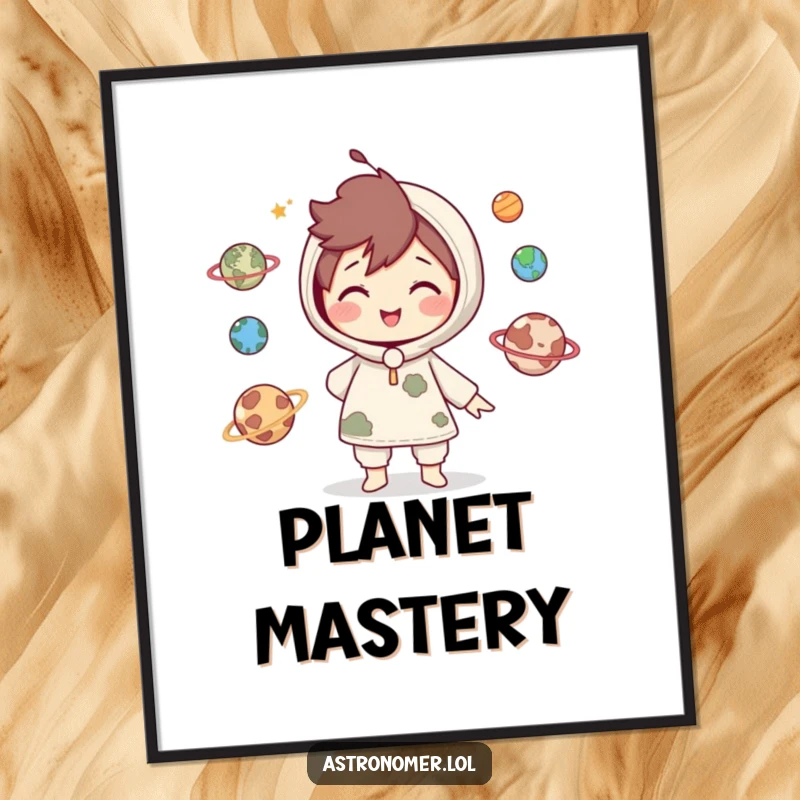 Funny Poster: Cute character smiles while playfully juggling miniature planets, depicting cosmic skill and lighthearted entertainment.