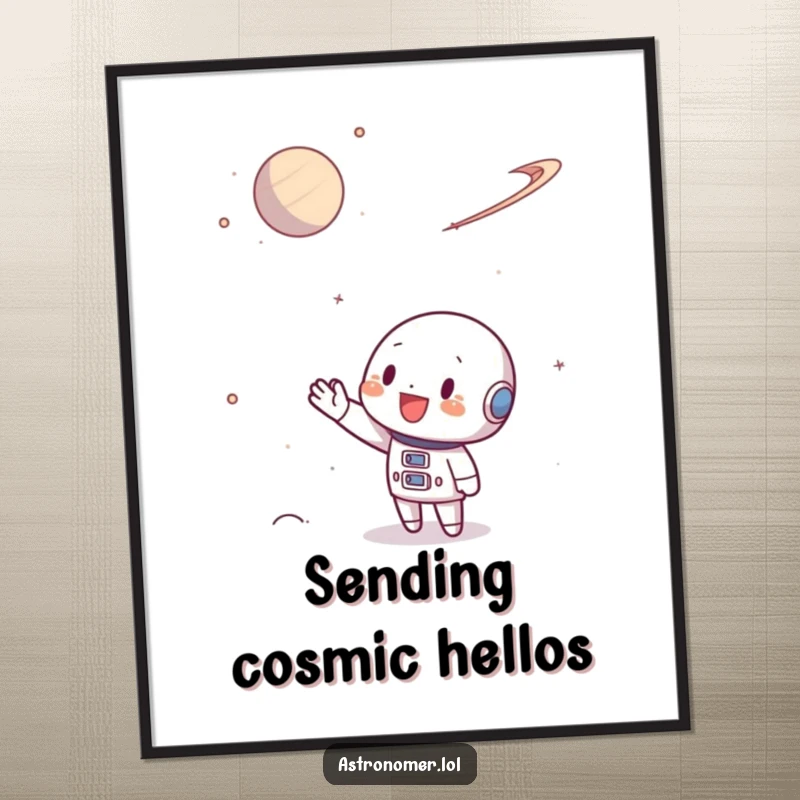 Funny Poster of a character waving enthusiastically towards a small, distant planet, evoking a sense of wonder.