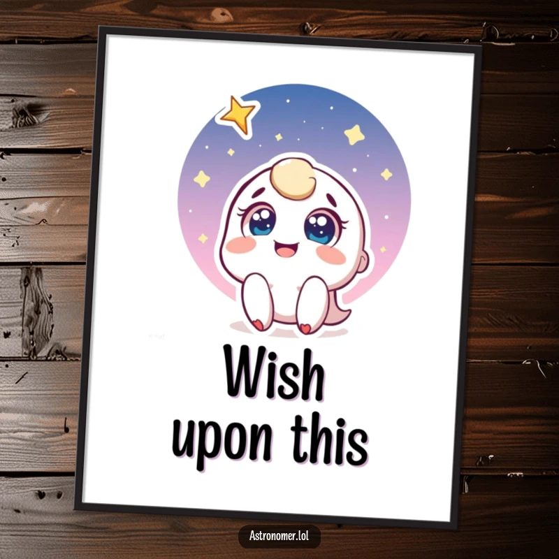 Funny poster of a joyful character with wide eyes, smiling up at a vivid shooting star, perfect for a whimsical and hopeful room.