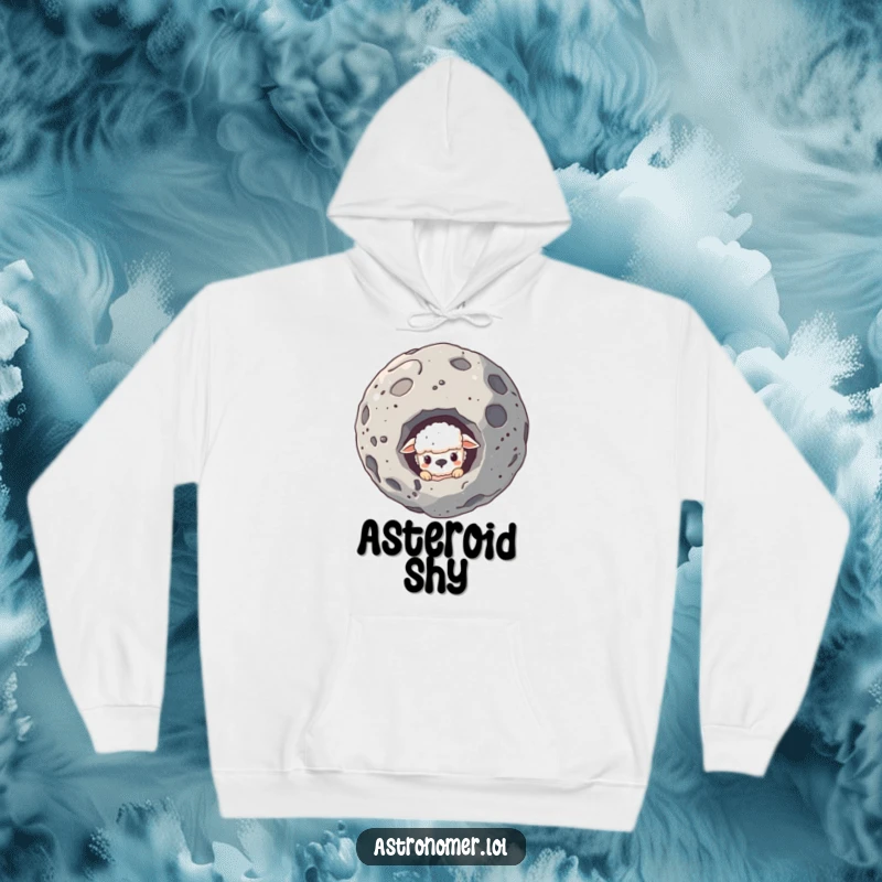 Funny hoodie with a sheepish creature peeking from behind a large asteroid, offering a blend of comfort and humor.
