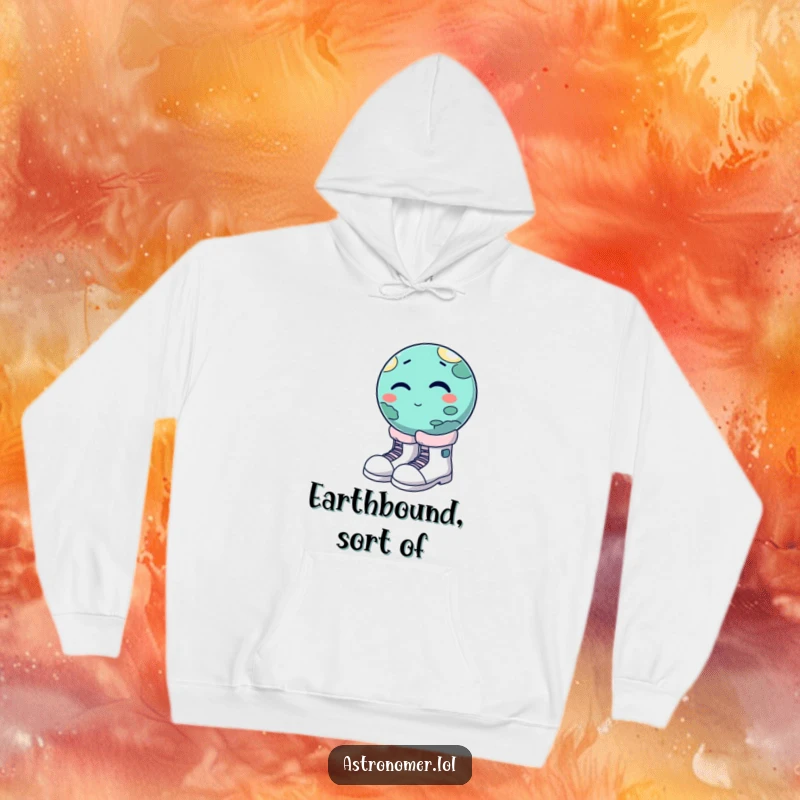 Funny winking planet trying to wear oversized moon boots, comfortable and humorous space hoodie, gag gift apparel.