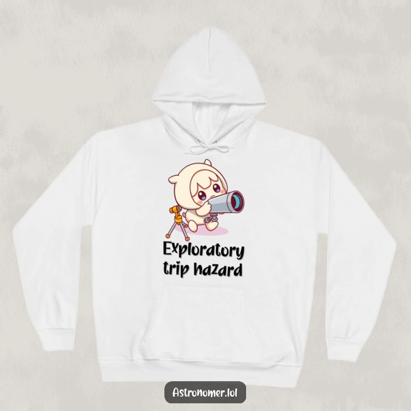 Funny Hoodie: Cute character looks comically surprised after tripping over a telescope, highlighting humorous astronomical accidents.