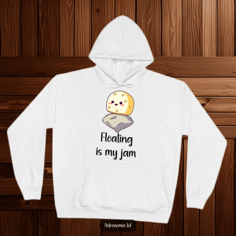 Funny smiling cheese wheel trying to balance on a floating asteroid, comfortable and humorous space hoodie, gag gift apparel.
