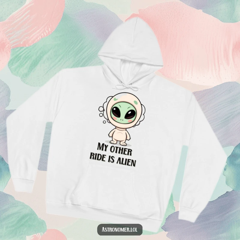 Funny hoodie depicting a curious character with a thought bubble showcasing a funny, cartoonish alien face, perfect for spooky or humorous vibes.