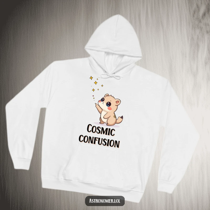 Funny hoodie with a curious creature looking at a constellation, exuding a sense of cosmic inquiry and fun.