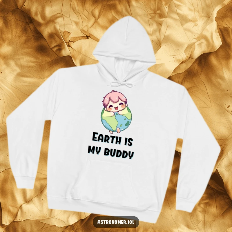 Funny Hoodie: Cute character hugs a planet with a happy, contented expression, embodying a deep love and appreciation for the universe.