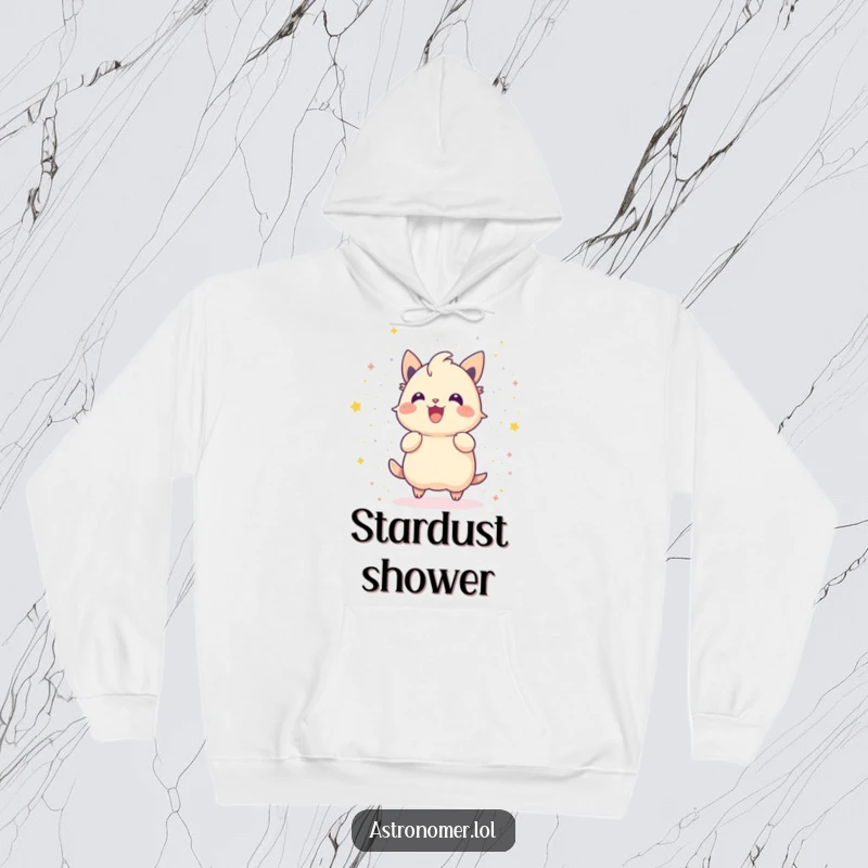 Funny hoodie with a gleeful creature joyfully throwing stardust like confetti, radiating warmth and celebratory vibes.