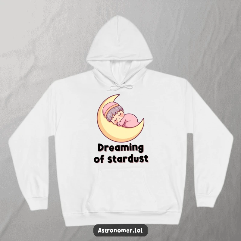 Funny Kawaii astronomer character humorously napping on a crescent moon, offering sleepy comfort on this hoodie.