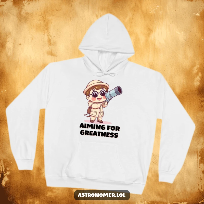 Funny Kawaii astronomer hoodie featuring a joyful character with an enormous, unstable telescope, designed for humorous stargazing sessions.