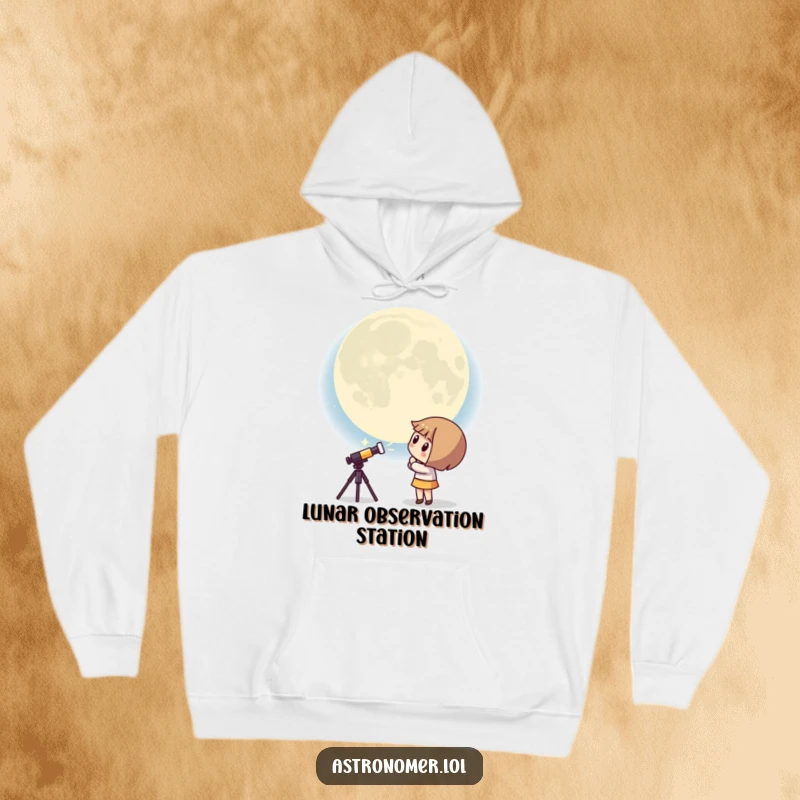 Funny Kawaii astronomer hoodie depicting a curious character looking at a giant, surprised moon, offering humorous warmth and style.