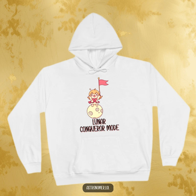 Funny hoodie design of a character enthusiastically planting a flag on a tiny moon, radiating joy and a pioneering spirit.