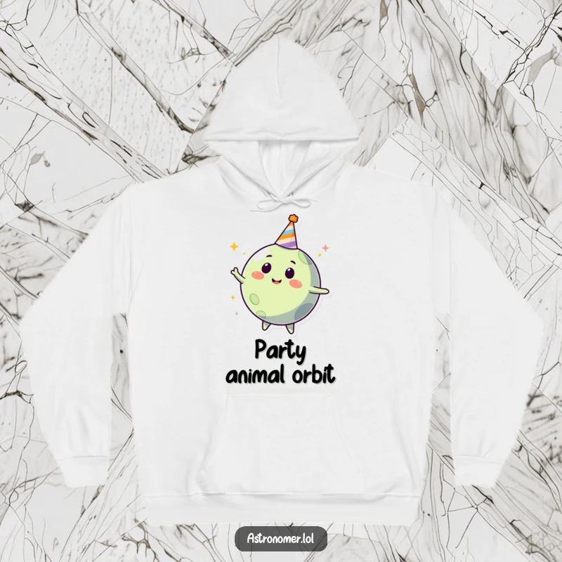Funny happy planet wearing a party hat, spinning joyfully, cozy and humorous hoodie for celestial celebrations.