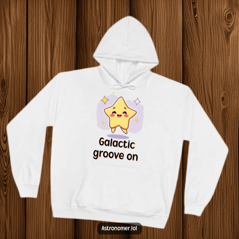 Funny Hoodie: A smiling star character performs a silly dance with joyful abandon in the galaxy.