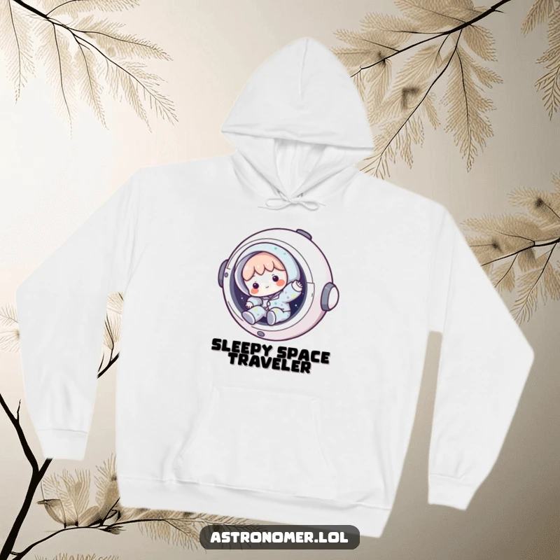 Funny starry pajama hoodie showing a character tumbling from a spaceship hatch, a cozy and humorous gift for relaxation.