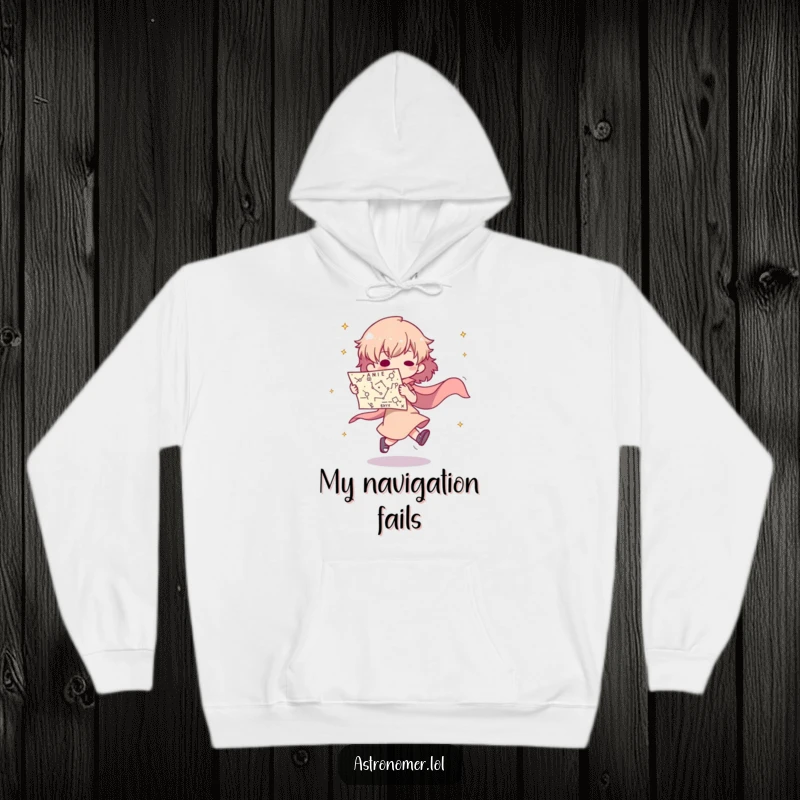 Funny hoodie showing a character in mid-trip with a constellation map, perfect for cozy, clumsy nights in.