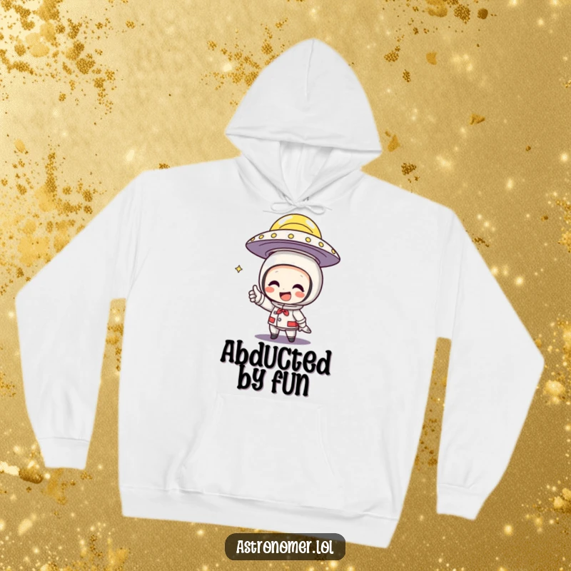 Funny Hoodie featuring a character with a huge grin excitedly pointing at a UFO flying overhead.