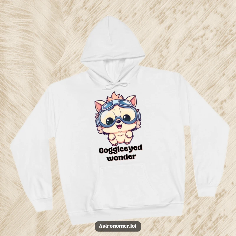 Funny hoodie with a delighted creature sporting oversized goggles, gazing at a small galaxy, radiating fun and excitement.