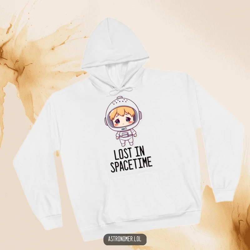 Funny hoodie with a character in a colander space helmet, looking comically lost in the vastness of space, perfect for chilly nights.