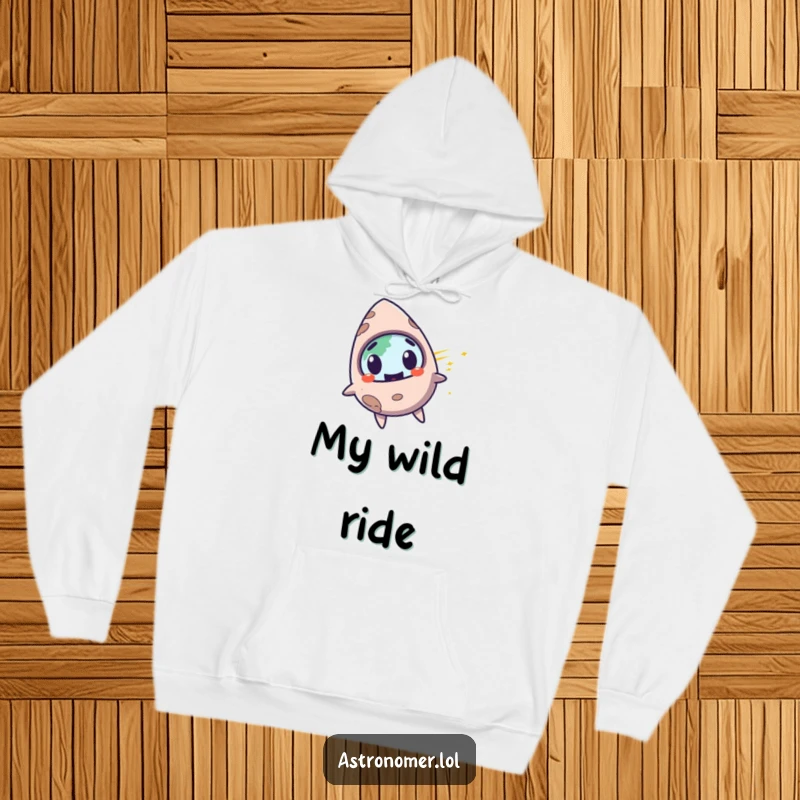 Funny surprised meteorite with a mischievous grin, zooming past planet Earth, cozy and humorous hoodie.