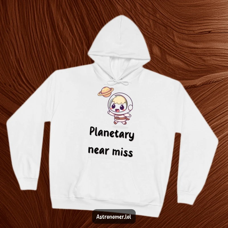 Funny Kawaii astronomer hoodie depicting a startled character actively dodging a small, flying planet, offering humorous warmth and style.
