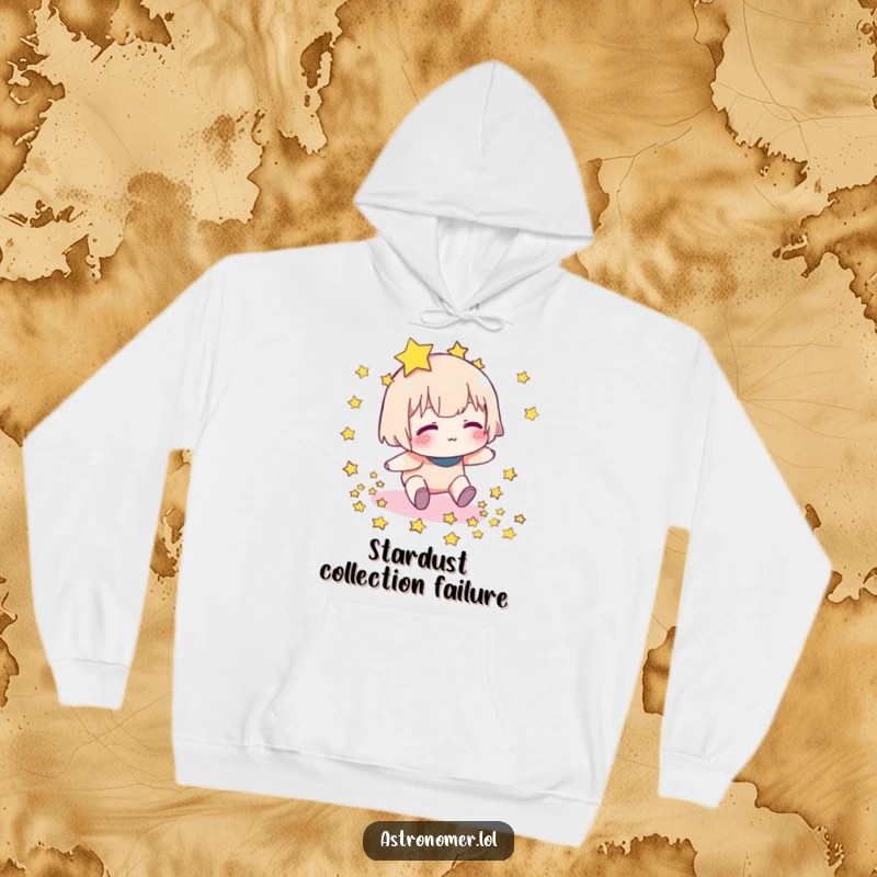 Funny hoodie depicting a character stumbling and scattering stars, offering warmth and a dose of celestial comedy for the wearer.