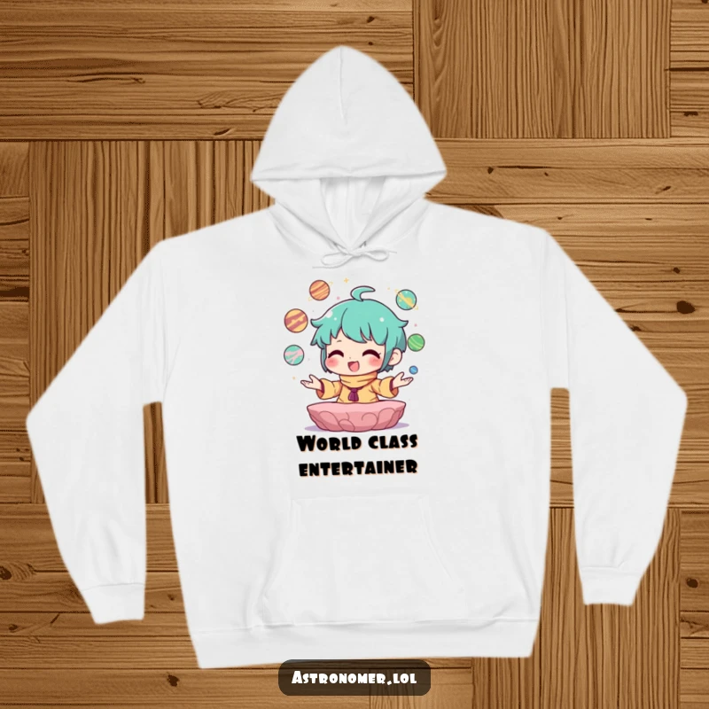 Funny Hoodie of a character looking ecstatic while juggling small planets with effortless grace.