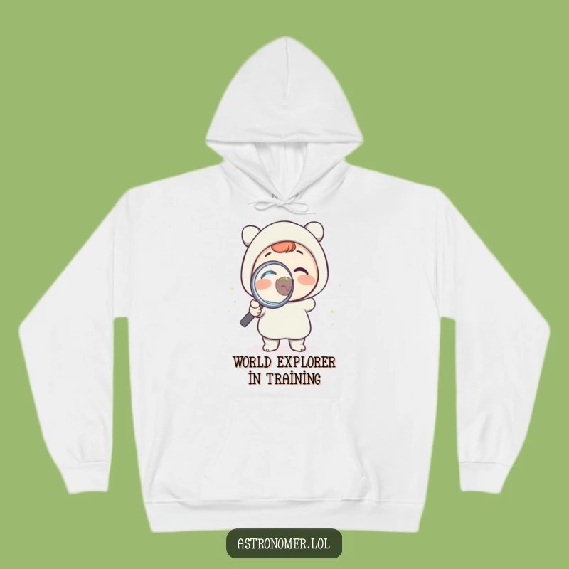 Funny Science Hoodie: Delighted Character Inspects Tiny Planet, Cozy & Hilarious Gift