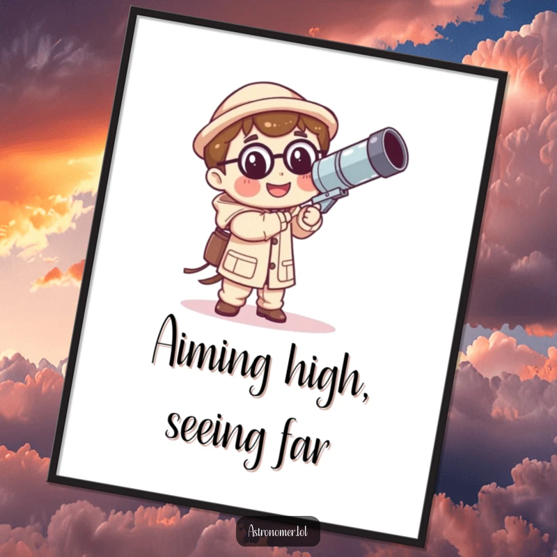 Funny Free Printable Wall Art: Kawaii astronomer happily holding a massive, wobbling telescope, adding celestial humor to any room.