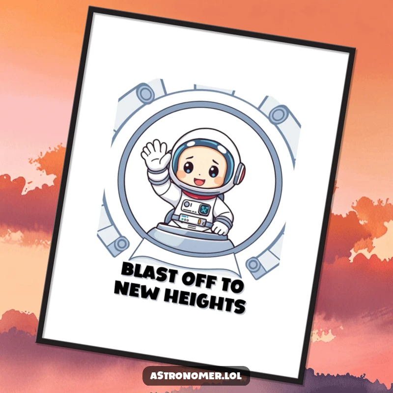 Funny Free Printable Wall Art: Cartoon astronaut waving enthusiastically from inside a spaceship, friendly greeting art.