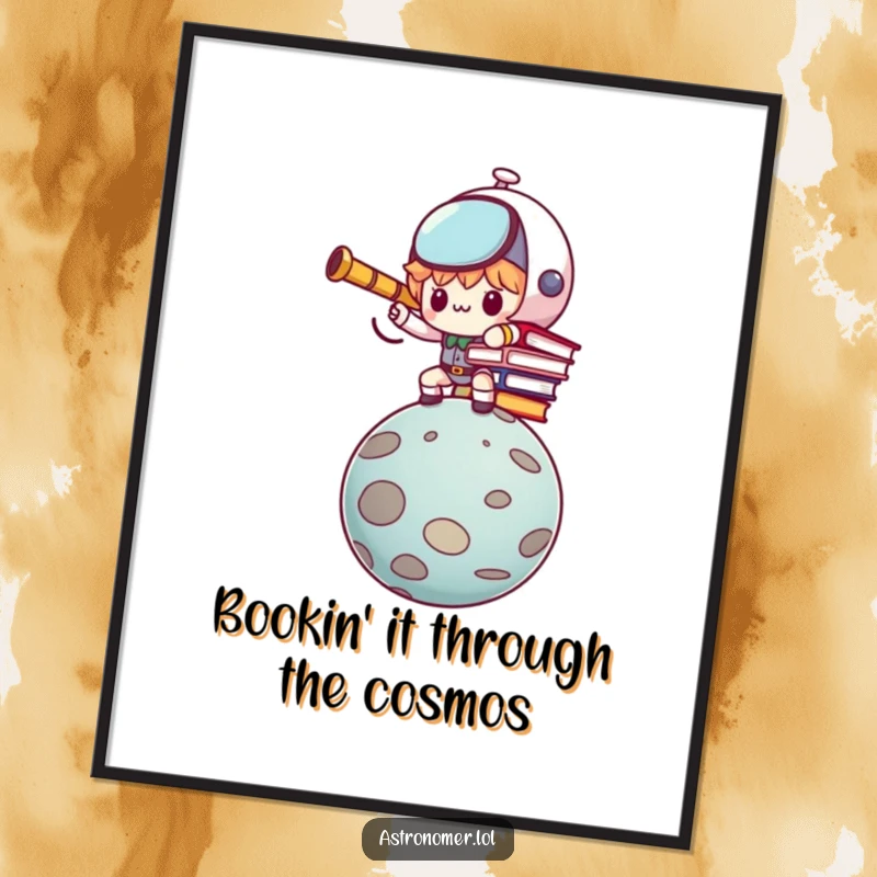 Funny Free Printable Wall Art: Determined Kawaii astronomer character struggling to balance books on a wobbly planet.