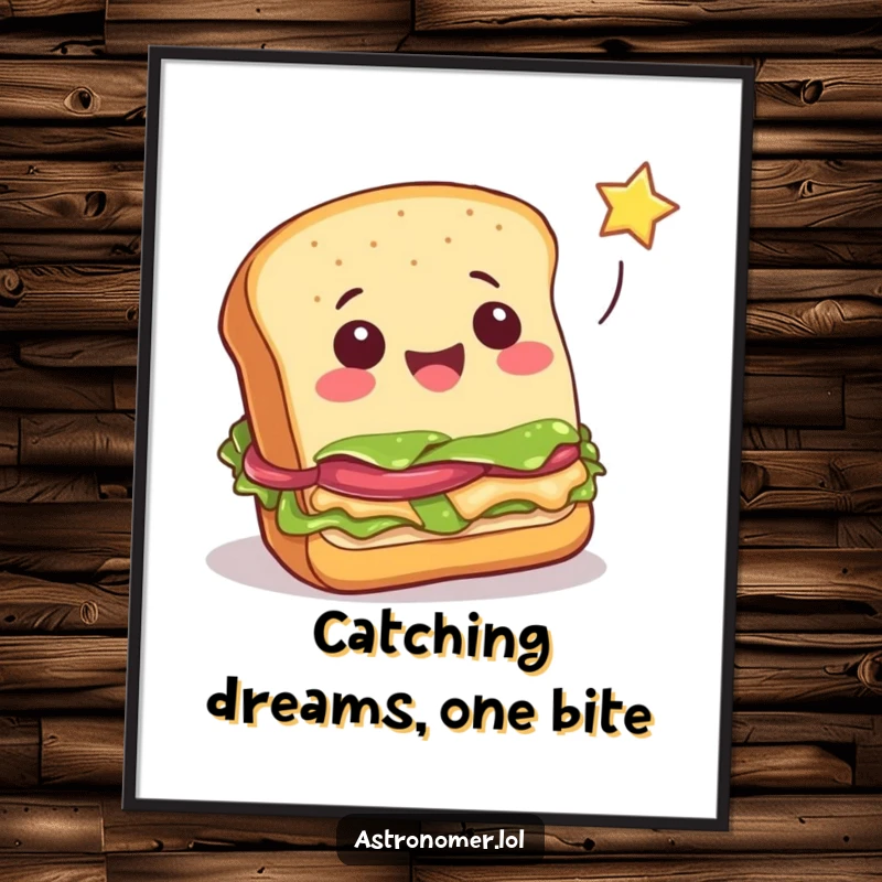 Funny Free Printable Wall Art: Cheerful sandwich reaching up to catch a falling star, a delightful cosmic snack attempt.