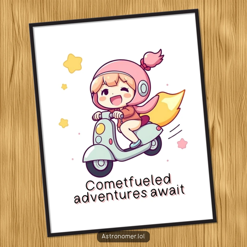 Funny Free Printable Wall Art: Joyful character humorously riding a comet like a super-fast scooter through the stars.
