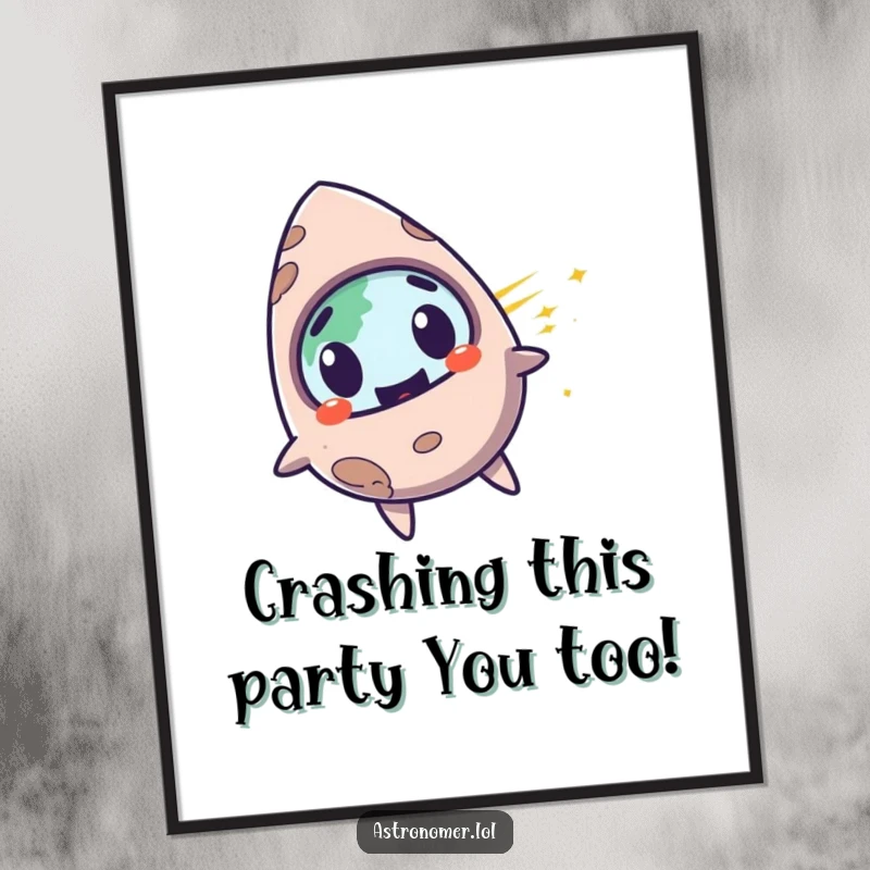 Funny Free Printable Wall Art: Surprised meteorite with a mischievous grin zooming past Earth, perfect for downloadable decor.