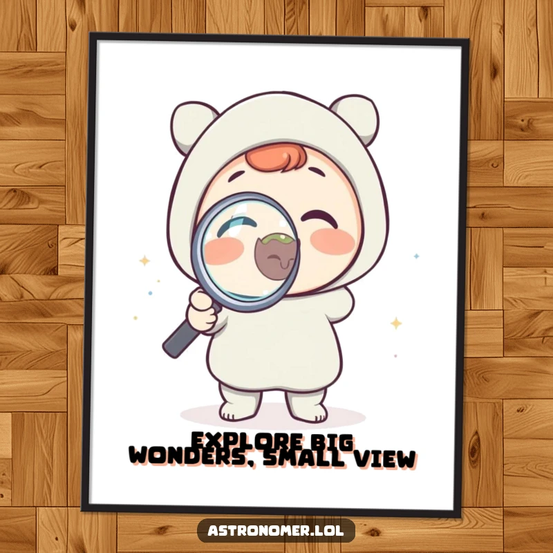 Funny Free Printable Wall Art: Delighted alien using a magnifying glass on a tiny planet with a smile.