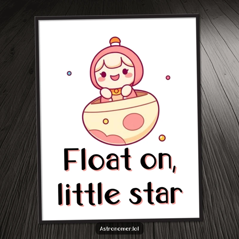 Funny Free Printable Wall Art: Whimsical kawaii space character joyfully afloat on a planet like a humorous spaceship.