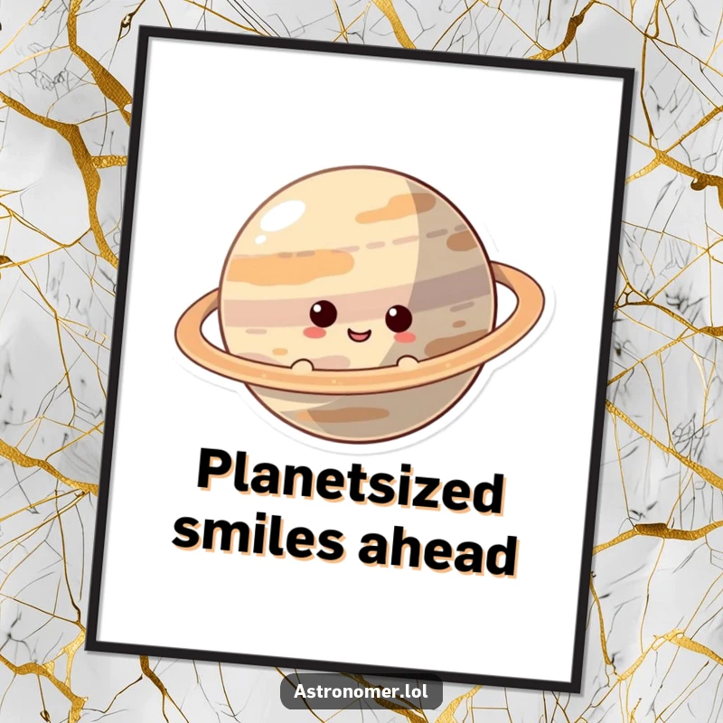 Funny Free Printable Wall Art: Curious character smiling as they mischievously peek from behind a large ringed planet.
