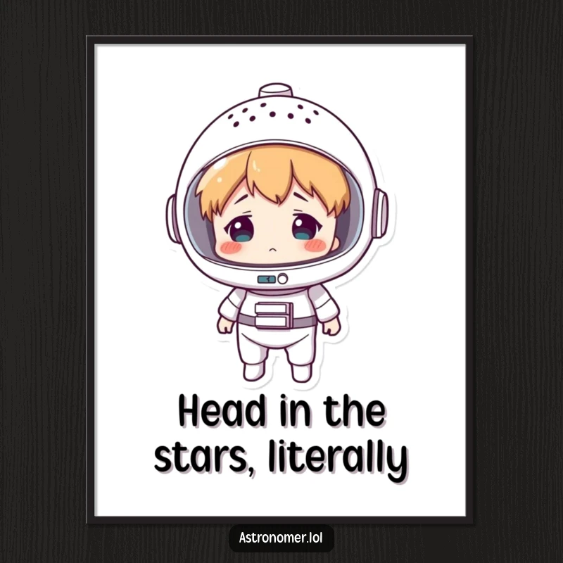 Funny Free Printable Wall Art: A whimsical character wearing a colander as a space helmet, looking comically bewildered in their cosmic journey.