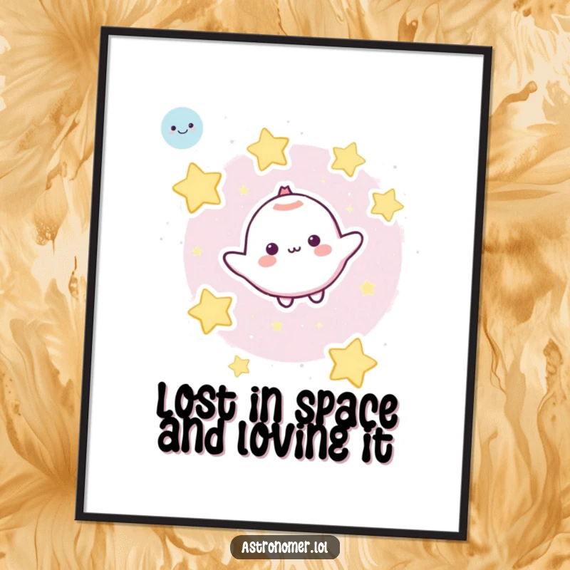 Funny Free Printable Wall Art: A cute character floats peacefully in the cosmos, warmly embraced by a friendly cluster of cartoon stars.